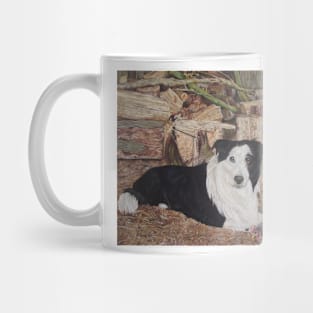 border collie in log shed with chickens dog portrait Mug